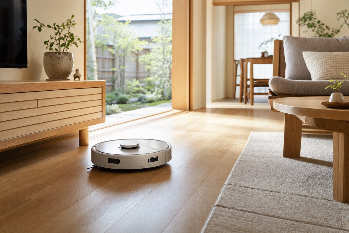 リビングの床を走行するロボット掃除機