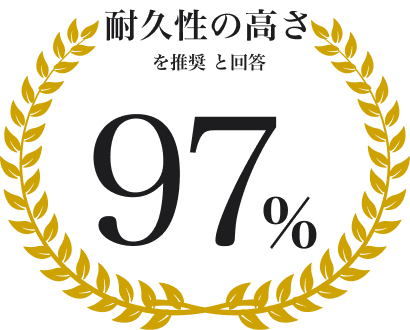 耐久性の高さを推奨と回答 97%（月桂冠バッジ）