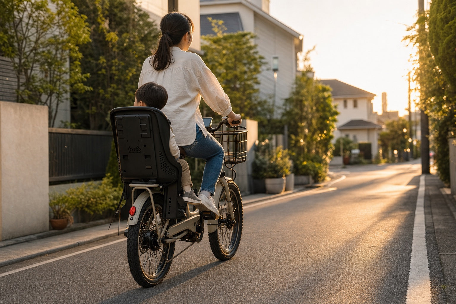 [画像仕様: 横長・子乗せ自転車の後ろ姿（子どもとタイヤが写る）・夕方の生活光・情感のピークを作る1枚]