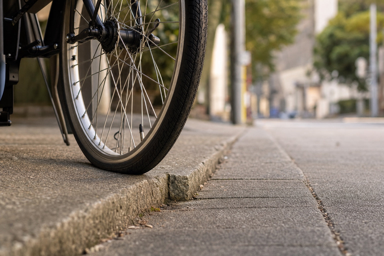 自転車の前輪が、歩道の縁石の段差にさしかかっているところ