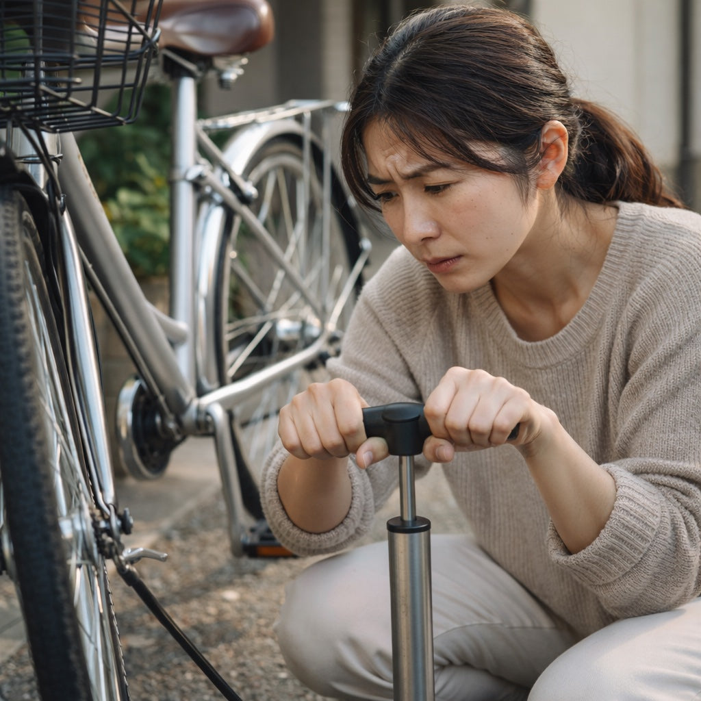 [画像仕様: 横16:10・手押しポンプに立ったまま体重をかける姿・グレートーン（疲れる作業感）]