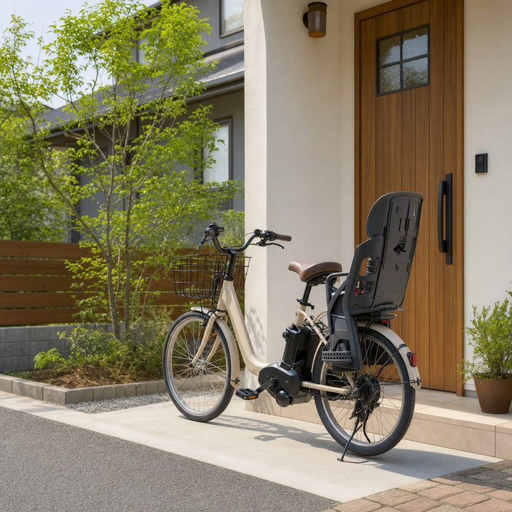 [画像仕様: 正方形寄り・子乗せ電動アシスト自転車の実写]