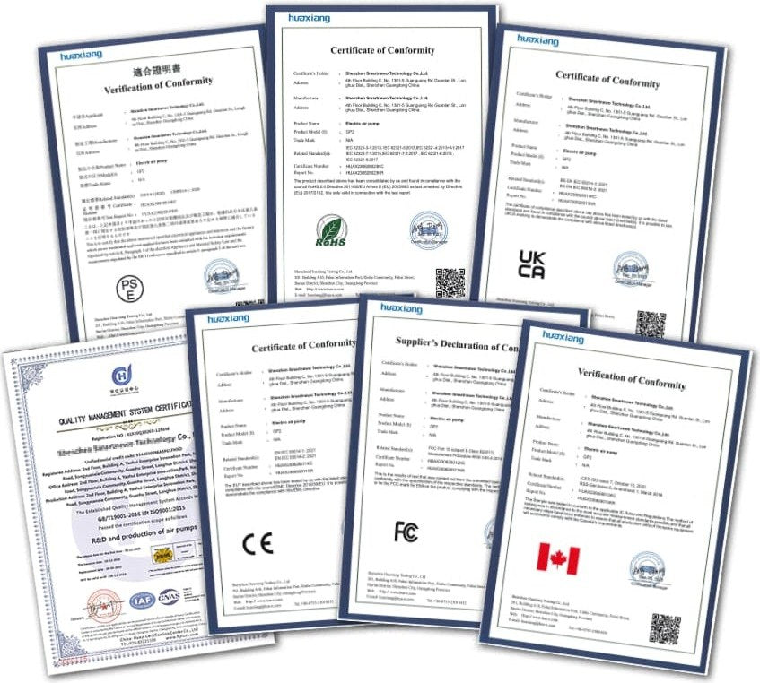 CE・FCC・PSE・RoHS・UKCA・ISO9001 など各国の認証書7枚