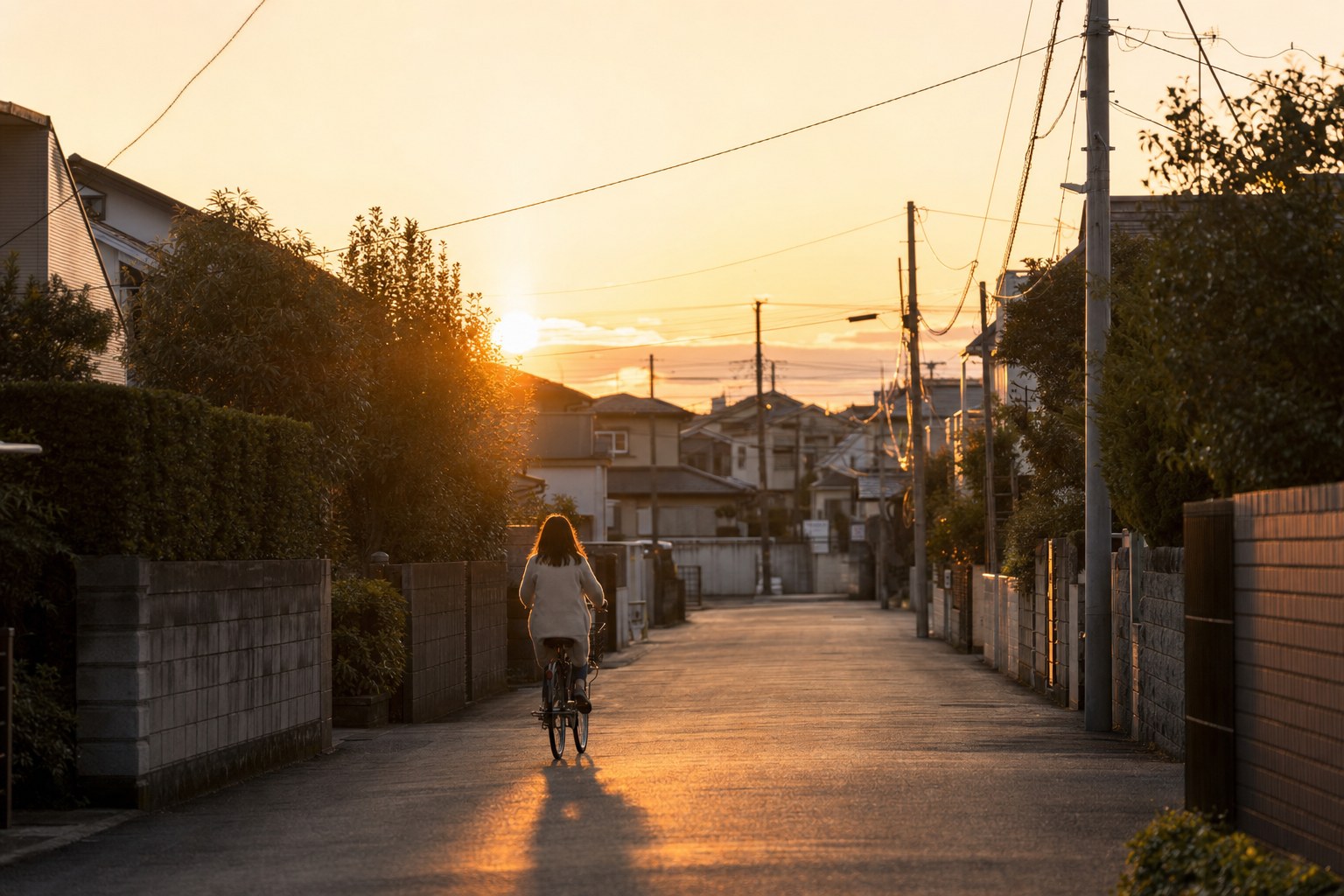 夕暮れの住宅街の道を、自転車で帰っていく人の後ろ姿